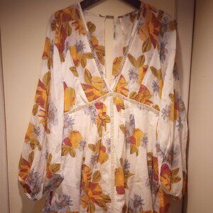 Free people floral blouson sleeve v neck lined mini dress M like new!